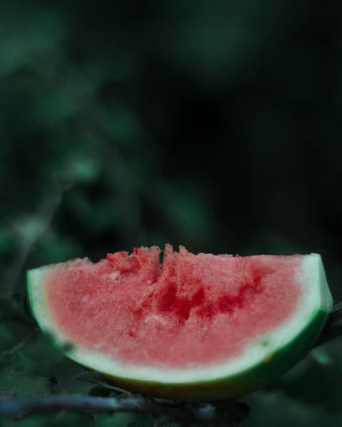 A fresh wedge of pink-fleshed watermelon on a dark, moody background.